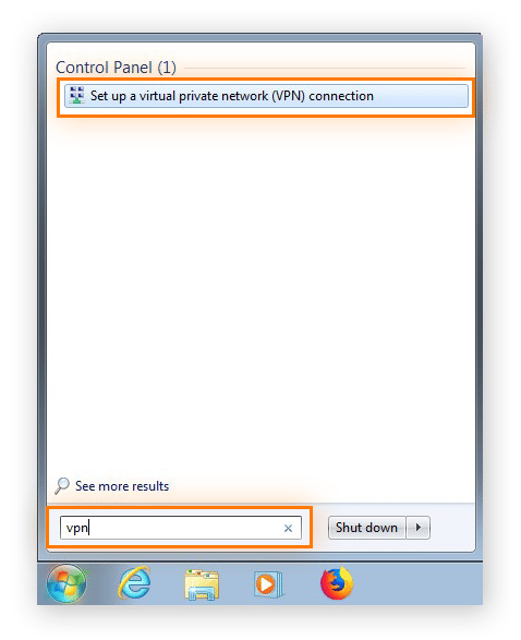 Searching for the VPN settings in the Start menu of Windows 7